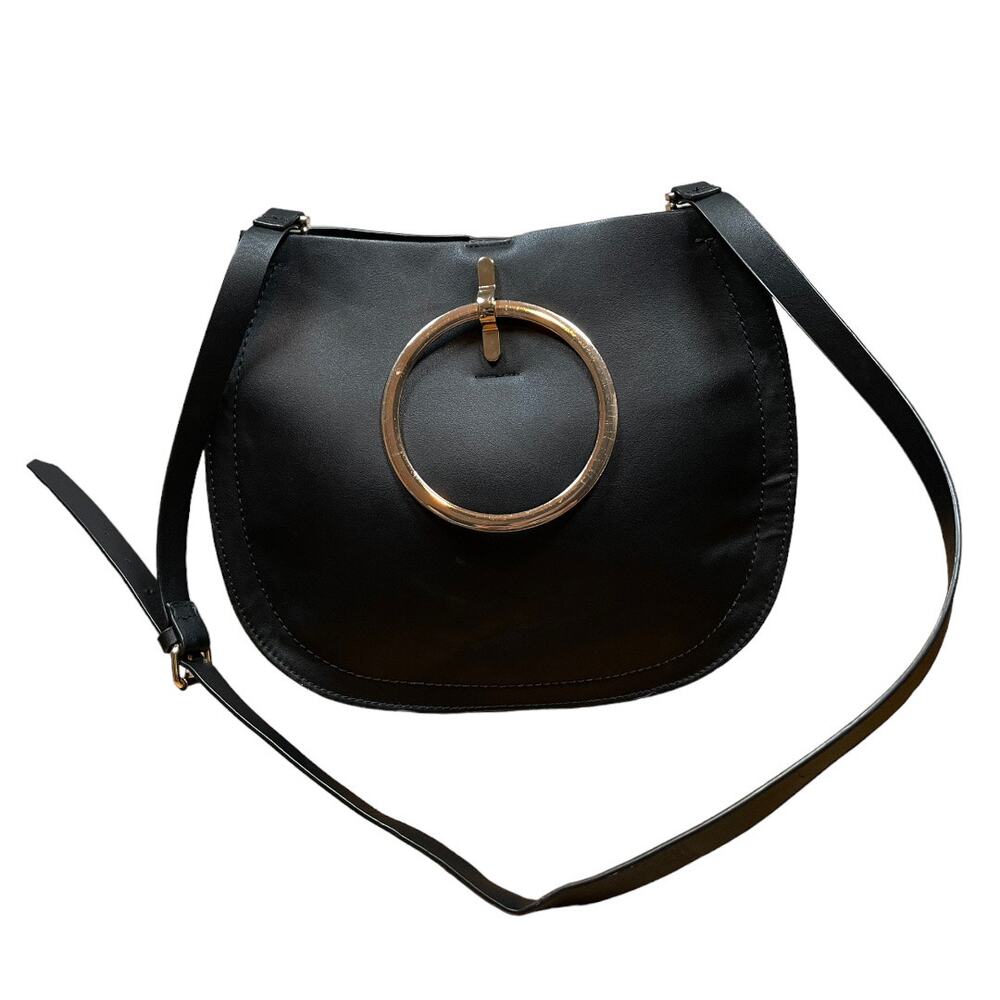 ZARA Trafaluc Black Faux Learher Gold Ring Handle Shoulder Bag